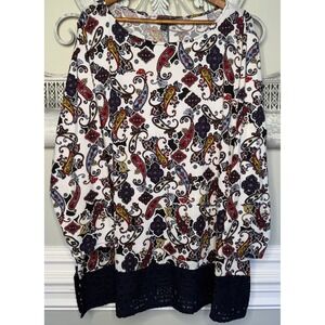 Lane Bryant Paisley Print Top Navy Lace Trim Long Sleeve Plus Size 26/28